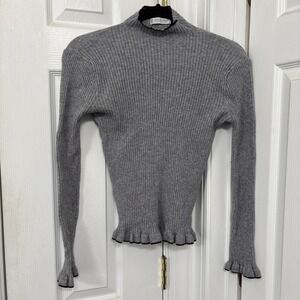 Jon & Anna Women Gray Ribbed Ruffle Hem Knit Sweater Mock Neck Pullover L